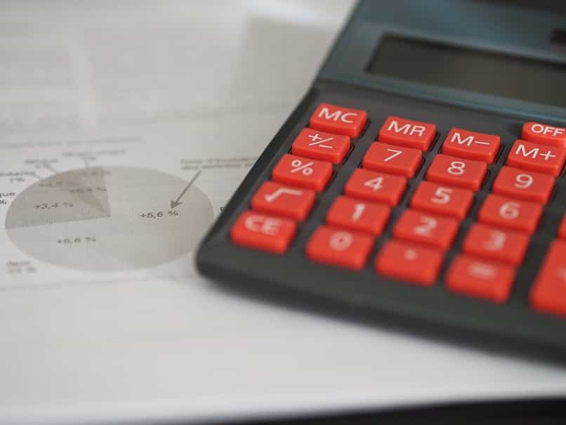calculadora roja con formatos de orden de compra debajo