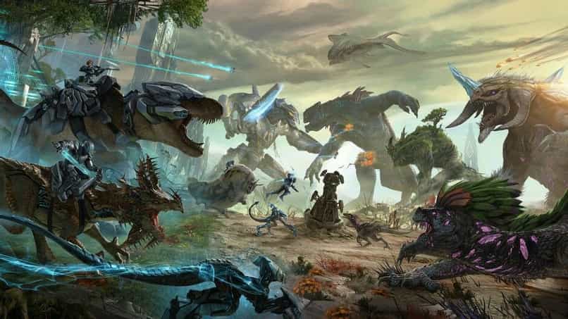 dinosaurios del juego ark en batalla