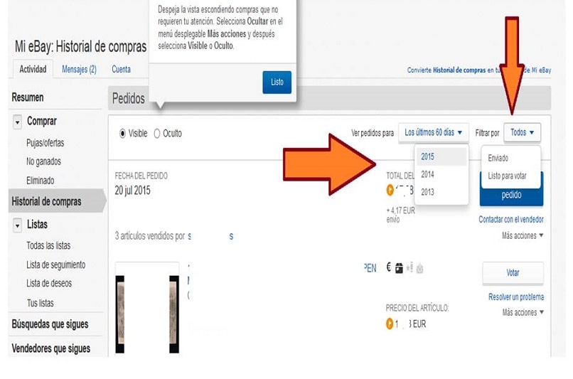 ver historial de compras antiguas en ebay