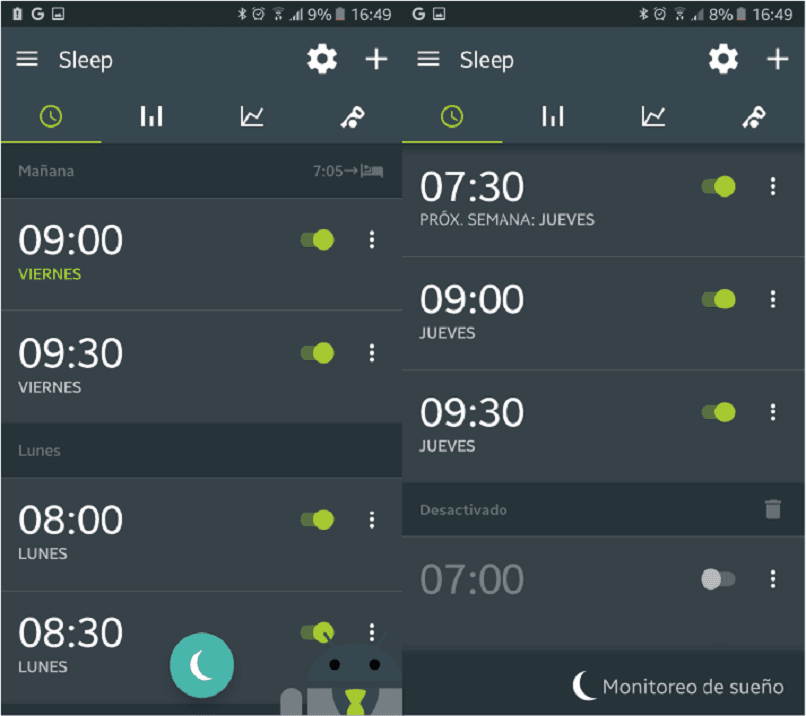 we see the internal part of the sleep app where the alarms and sleep monitoring are shown